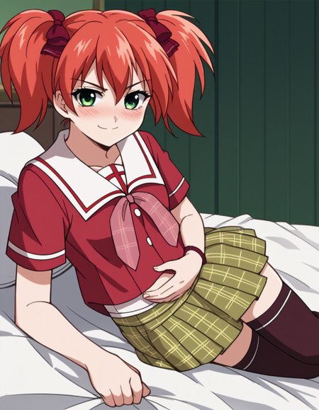 score_9, score_8_up, score_7_up, source_anime, <lora:kokoa-shuzen-s2-ponyxl-lora-nochekaiser:1>, kokoa shuzen, twintails, green eyes, red hair, hair bow, short hair,, skirt, thighhighs, school uniform, black thighhighs, plaid, serafuku, red shirt, short sleeves,, indoors, bed, bed room, on side, blush, drunk,, smile, hand on stomach, blush,, looking at viewer, solo,, dutch angle, cowboy shot