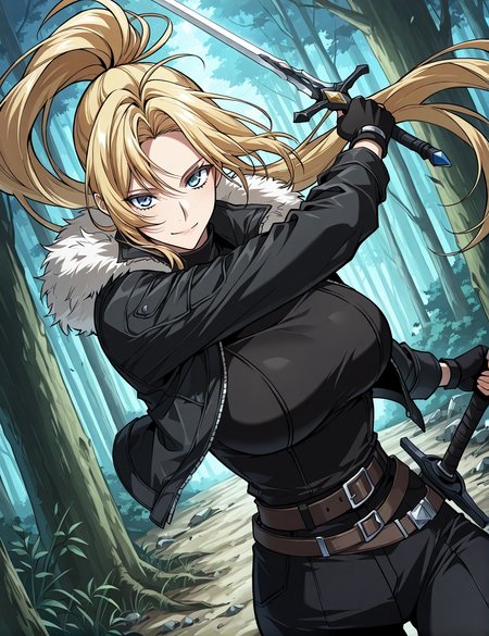 <lora:Kiri_Frodmain Illustrious:1>
1 girl, solo, blue eyes, blonde hair, long hair, ponytail, bangs, large breasts
fingerless gloves, black cloves, black jacket, fur-trimmed jacket, black pants, fur trim, turtleneck, belt
score_9, score_8_up, score_7_up, very aesthetic, source_anime, detailed, high quality, beautiful, masterpiece, detailed eyes, forest, tree, ruins, cowboy shot, dynamic angle, upper body, light smile, dynamic pose, holding, holding a sword