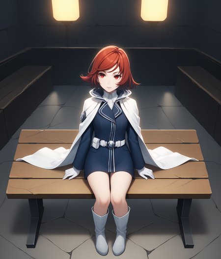 score_9, score_8, score_7, full body shot, from above, 3/4 view, fish eye lens, 1girl, <lora:Himeno_Akatsuki_PXL_r1:1> himeno_akatsuki, looking up, quizzical expression, red hair, short hair, military uniform, white cape, white gloves, sitting, stone bench, BREAK indoors, sci-fi, white ceilings, white floor, artificial lighting