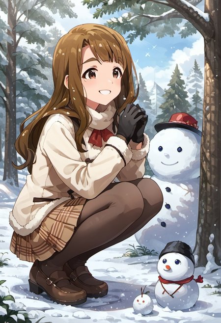 score_9, score_8_up, score_7_up, source_anime,miyao miya, brown hair, long hair, brown eyes, snowman,  gloves, squatting, outdoors, snow, pantyhose, ^ ^, smile, black gloves, 1girl, solo, tree