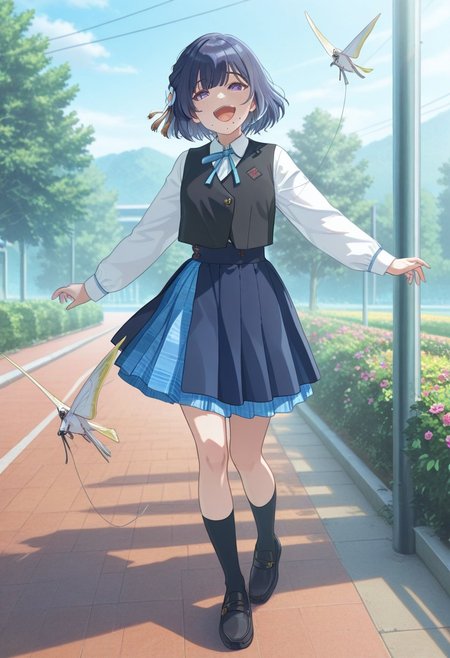 masterpiece, best quality, amazing quality, very aesthetic, high resolution, ultra-detailed, absurdres,  mizusu765pro, mole under mouth, short hair, purple eyes, single braid, hair ornament, blue hair, hair flower, misuzucasual, long sleeves, white shirt, blue skirt, school uniform, pleated skirt, neck ribbon, black socks, black footwear, blue ribbon, black vest, loafers, outdoors, flying a kite, laughing, joy, happy,
