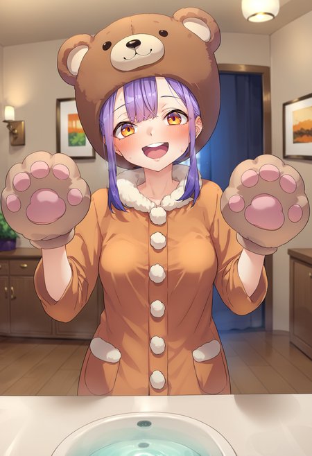 score_9, score_8_up, score_7_up, best quality, masterpiece, uncensored, source_anime
BREAK
1girl, :d, animal costume, animal hands, animal hat, bear costume, bear hat, blush, female focus, small breasts, gloves, hands up, hat, mature female, looking at viewer, open mouth, orange eyes, paw gloves, purple hair, smile, solo, standing, indoors
<lora:yamada_pony_v5-000015:1>