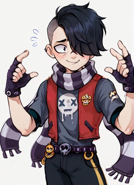 score_9, score_8_up, score_7_up,   <lora:bsedgar:1> ear bsedgar    , 1boy , short hair , black hair, hair over one eye,piercing, solo,striped scarf  ,red vest , grey shirt,  short sleeves, belt , black pants ,black gloves,   fingerless gloves, blush,  nervous smile,   <lora:Aer0Zer0_Artist_Style:1>