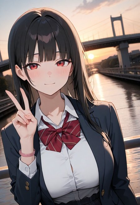 masterpiece,best quality,amazing quality,newest,absurdres,highres, newest,very awa, scenery, anime,flat color,
from front, portrait,dutch angle,
1girl, beautiful face, perfect eyes, detailed eyes,mature female,
black hair,long hair, straight hair,blunt bangs,light smile, , looking at viewer, blush,
red eyes, 
large breasts,collarbone,
seifuku,collared shirt, plaid red bowtie, open blazer, small pink wristlet, 
v,hand up, urban,on bridge, bridge,
depth of field, sunset,volumetric light,blurry background,backlighting,photo background,