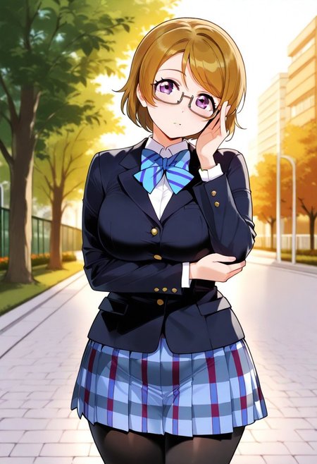 score_9, score_8_up, score_7_up, source_anime, detailed image, masterpiece, high quality image, BREAK, 
1girl, solo, lovelive_hanayo, (large breasts), brown hair, swept bangs, short hair, purple eyes, glasses, semi-rimless eyewear, 
black blazer, blue plaid skirt, blue stripe bowtie, black pantyhose, 
looking at viewer,  
any pose, head tilt, 
angle:random, cowboy shot, 
outdoors, school, warm light, sunset,