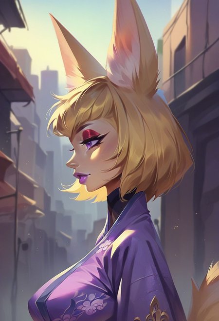 score_9, score_8_up, score_7_up, solo, 1girl, blonde hair, bob cut, (fennec ears),  red eyeshadow, purple eyes, purple lips, large breasts, purple kimono, fox tail, urban, outdoors, portrait, upperbody, mgxt,