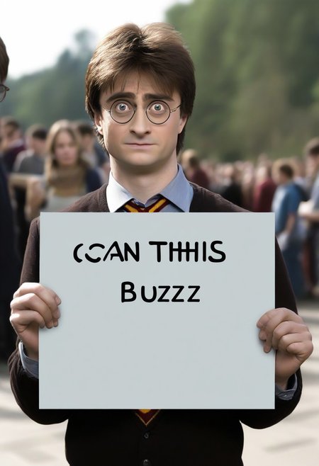 <lora:PE_HoldingSign:0.8> PEHoldingSign, bored face
harry potter holding a sign that says can this sign write buzz?