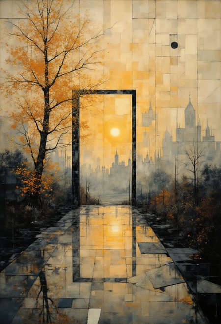 Diving deep into the enchanting depths of the painter's imaginative realm, the hauntingly beautiful composition enraptures the viewer with its ethereal harmonies and captivating contrasts. The faded melancholic undertones of the hazy impressionistic masterpiece mirror the despondency of a fragmented soul, leaving trails of introspective musings in its wake.  As the eye moves across the canvas, it is greeted by a captivating symphony of pale greys, bronzes, and golden golds, painting the warm embrace of a fading sun as it dips below the distant horizon of an autumnal landscape. The composition seamlessly blends abstract notions with tangible elements, harmonizing the chaotic intricacies of a broken mirror's mysterious reflection against the tranquility of nature's muted rustling leaves.  Central to this dreamlike tableau is a mesmerizing architectural design, a stark contrast of geometric lines and modernist angles that intrudes into the picture plane. But rather than disturbing the delicate balance, these structural fragments, illuminated by bursts of dancing light and fleeting shadows, soften the unsteady boundaries between reality and fantasy, casting a spellbinding aura over the whole.  Delicately layered paintwork unveils an intricate tapestry of brushstrokes, instilling each facet with a palpable sense of depth and authenticity. The deft hand of the artist blurbs the borders between the tangible and intangible, blending ephemeral patterns with stark contours to create a tantalizing play of reflection, lending an air of otherworldly allure to the scene.  Through this surrealist ode to nostalgia and poignant yearning, the artist guides us to explore the surrealist nature of reality, ultimately inviting us to gaze deeply within ourselves to decipher the unspoken whispers of our hearts, echoing the muffled cries of a disjointed spirit striving to find solace and meaning amidst life's fragmented mosaic. ,<lora:Digital painting V1.safetensors:1.0> ,