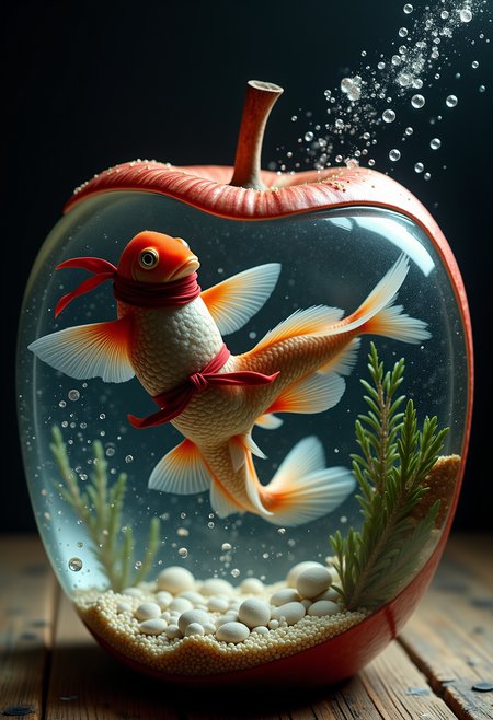 a fish with a red bandana performing a visually stunning karate kick inside a apple shaped fish tank, soft particles  <lora:Dever_Flux_Enhancer:0.5>