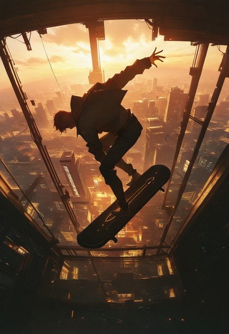 realistic, lm7 \(op-center\), sabu \(sabudenego\), dino \(dinoartforame\), 
newest, masterpiece, highres, year 2077, 
fisheye, perspective, from above, from side, aerial view, solo, urban city, cityscape, , dirty streets, graffiti sunlight, day, sunrays, light, bent knees, leaning forward, in motion, clouds, haze, (midair:1.2(), futuristic,   solo, 1boy, cyberpunk punk, punk clothes, red mohawk, neon glowing, neon lights,  standing  skateboarding on futuristic hoverboard  :1.2), flying, looking afar, serious, outstretched arm, outstretched hand, 
beautiful, intricate, detailed background, 
<lora:ponyv4_noob1_2_adamW:0.4>, <lora:96YOTTEA-WAI:0.6>, <lora:KonyaKarasue-000008:0.5>,