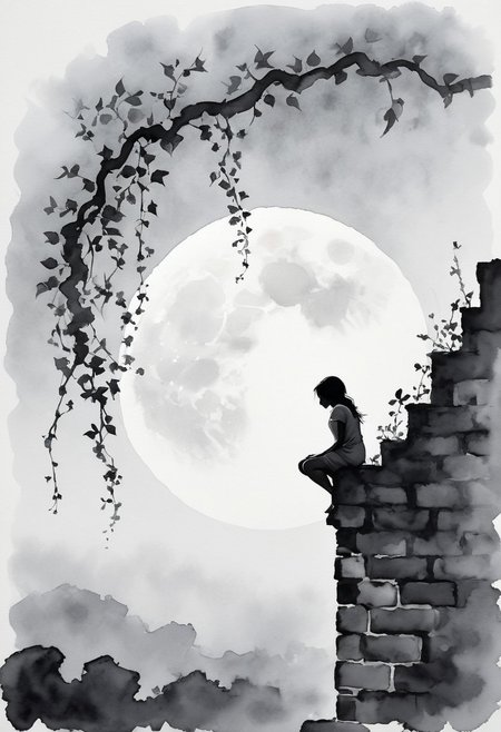 ink-painting, ink wash,, ink wash painting,, white background, flowering honeysuckle vine growing up a crumbling brick wall, silhouette of a  young girl sitting on top of the wall, backlit by an enormous moon, monochrome, greyscale, minimalistic, nature, traditional media, ink, solo, botanical.