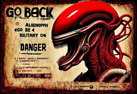 text at the bottom saying "danger", double exposure, big (text number "404" on military helmet:1.4), poster, big red bar over alien eyes with text that says ("go back":1.4),  there's a (xenomorph alien:1.2) mugshot underneath,  in dark steampunk setting, dramatic, intricate detail, big red bar  over the mugshot woth the words ("go back"),masterpiece, octane render, winner artstation contest, highest quality, ultrasharp, epic, warm light, art by mab graves, artstation, rhads, #photography , eerie but beautiful, perfect render, mugshot of alien with text on top saying "go back", glowing,(text at the bottom saying "danger":1.4)