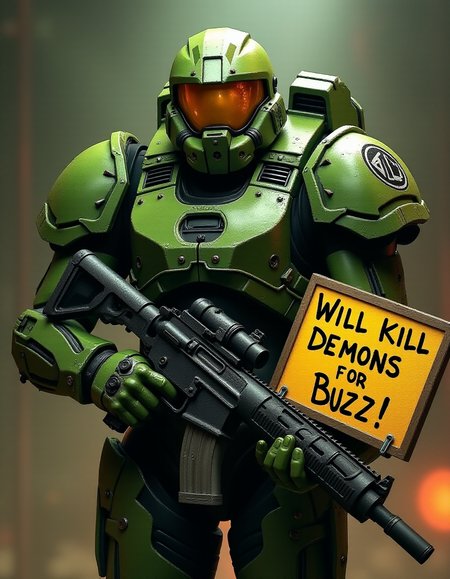 Doom guy from doom eternal wearing his iconic green praetor suit, he's holding a big gun in one hand and a board in other that says "Will kill demons for Buzz!"