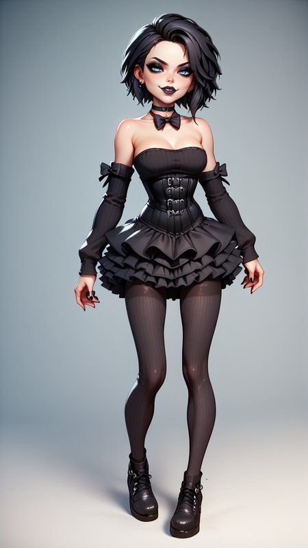 score_9, score_8_up, score_7_up, score_6_up, score_5_up, score_4_up, 1girl, goth girl, bowtie, choker, detached sleeves, corset top, ruffle skirt, ribbed pantyhose, black flats, arched back, looking at viewer, naughty face, half-closed eyes, <lora:Pony_Lotus:1>