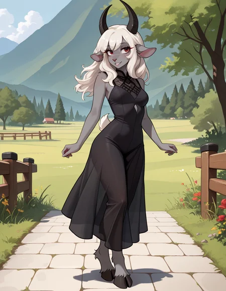 masterpiece, best quality, very aesthetic, absurdres,
outdoors,
full body, posing, barefoot, 
seductive smile, parted lips, long eyelashes,
 <lora:ElizaBeth_v01_NAIXL:1> ElizaBeth,1girl,solo,furry,furry female,goat girl,goat ears,horns,white hair,long hair,red eyes,animal nose,grey skin,tail,hooves,