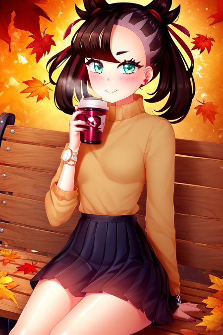 score_9, score_8_up, score_8, medium breasts, (curvy), cute, eyelashes,        BREAK ,,, <lora:Marnie_Pokemon_P1:0.7>, zzMarnie,    1girl, :o, ahoge, autumn, bench, black skirt, blush, brown sweater, coffee, hair ornament, hairclip, holding, large breasts, long hair, looking at viewer, nail polish, outdoors, pink nails, sitting, skirt, solo, sweater, watch, wristwatch, ,,, <lora:Puppypaww_Style_PDXL_v2:1.0>, ,  BREAK, smile, looking at viewer,   embedding:zPDXL, Expressiveh,  <lora:SDXLFaeTastic2400:0.5>,   <lora:Expressive_H-000001:0.4>,