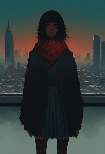 score_9, score_8_up, score_7_up, score_6_up, score_5_up, flat color, sinozick style, john kafka, (1girl, brown skinned, blunt bang, bob hair, green beanie, scarf, fantastic robe, cool pleated skirt, a pair of stockings), (city, red light, giant, CR33P1NGF0G, fog)