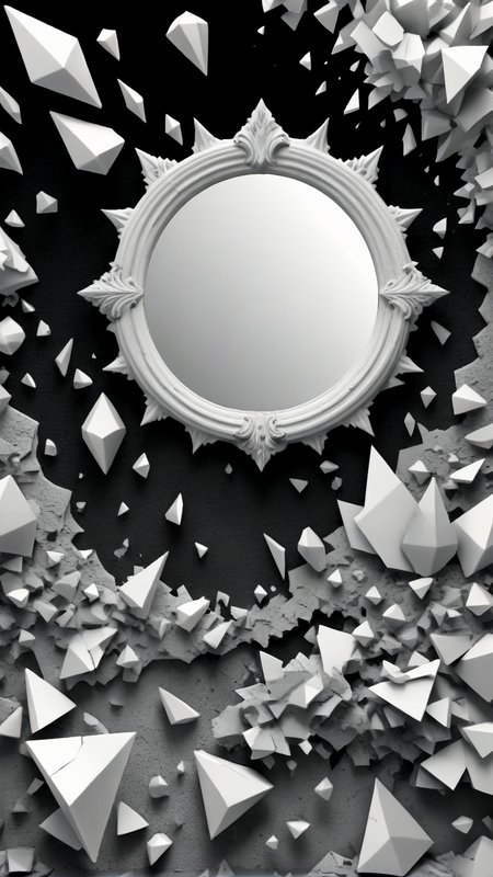 <lora:3DPrintingXL:1>,whitemold,3d printed mold,art style,greyscale,monochrome, 1fractured mirror, solo, reflective surfaces, shards scattered, surreal texture, abstract shape, balance in chaos