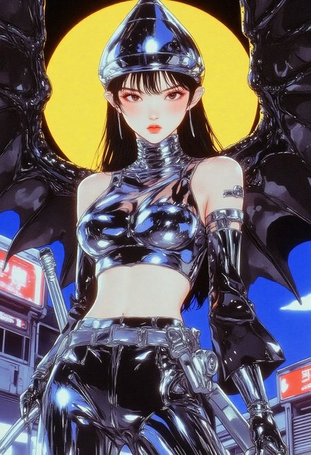 masterpiece, best quality, hyper-realistic, ultra-detailed, flawless anatomy, perfect body, HD, 8k, 1girl, standing confidently, full body, futuristic urban environment, athletic tall female, toned muscles, defined cheekbones, sharp jawline, glowing amber eyes, smooth pale skin, calm focused expression, avant-garde streetwear transformed to sleek chrome silver armor, reflective polished metal, tight fit highlighting muscular form, flowing dark fabric accents with light movement, glowing neon blue katana held firmly in right hand, luminous glowing Pra Jiad armbands wrapped around forearms, traditional non la conical hat with metallic sheen, radiant yellow backlight, vibrant neon cityscape background, cinematic lighting with soft casting and dramatic high contrast shadows, glowing highlights emphasizing curves and facial features, intense mysterious aura, soft neon tints around edges, depth of field focusing sharply on figure, dynamic composition with intricate textures and realistic reflections. pingtu style, illustration-fen, chromecore7X