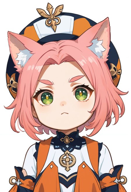 score_9,score_8_up,score_7_up, <lora:xinzoruo_style_pdxl_goofy:1>1girl, diona (genshin impact), animal ears, pink hair, bangs pinned back, simple background, hat, animal ear fluff, short hair, thick eyebrows, detached sleeves, green eyes, forehead, chibi, cat girl, looking at viewer, artist name, upper body