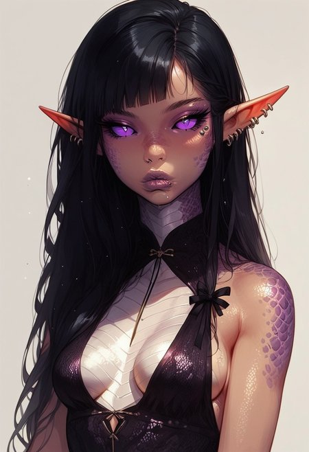 score_9, score_8_up, score_7_up, high detailed, high quality, masterpiece, no text, quality highlights, 8k detail, detailed background, source_anime, dynamic view, hentai, ultra-detailed, 
...
1girl, (((solo))), pale elf, female focus, expressiveh, (young), (cold skin),
(black hair), purple sclera, ((irises like moons, silver iris)), (long hair), elegantly pinned hair,
((round hips)), (small breasts), lips,
(incredibly sexy), sexy pose, pose, ((scales, dragon scales)), ((piercing in lips))
...
closed mouth,
((An elegant gown, a dress of belts, a dress of ribbons, black collar,  center opening, side slit, high-waist sideboob)),
cowboy shot, looking at viewer, raised hand, green flame in hand, gold makeup, purple lips,
sitting, posing, close-up, 
...
(((white simple background)))