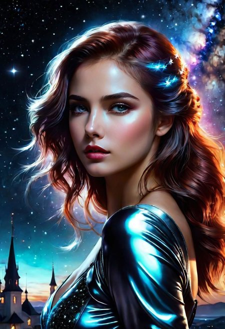RTX, 8k, HDR, best quality, cinematic film story, (masterpiece), Anna Razumovskaya, Casey Baugh, Antonio Mora, Aminola Rezai, Giovanni Boldini, art, realistic art, digital illustration, portrait, bright rich colors, Digital Art,Girl moonlit night, milky way, light of deep night, shining stars, glimpses of happiness, beauty in life and death,