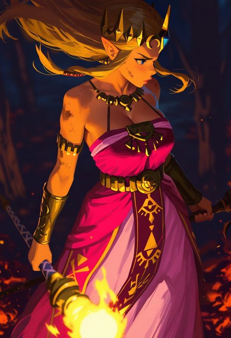 <lora:nhl-001-20:0.8> nhl-001,
(by some1else45:1.25), 
(by guweiz:1.25), painterly sketch illustration, nose, lips, 
perspective, depth of field, blurry background,
1girl, Princess Zelda from The Legend of Zelda, blonde hair, pink princess dress, princess crown., bright blue eyes, holding a staff weapon, golden energy is pulsating from her staff, facing to the side, intense facial expression, angry, dynamic pose, textured clothes, textured background, in forest, burning ashes all around Zelda, damaged clothes, textured skin, textured foreground,  floating hair, long hair, large breasts, cleavage, thick lips,
masterpiece, best quality, amazing quality, very aesthetic, dark background, raytraced lighting on body,