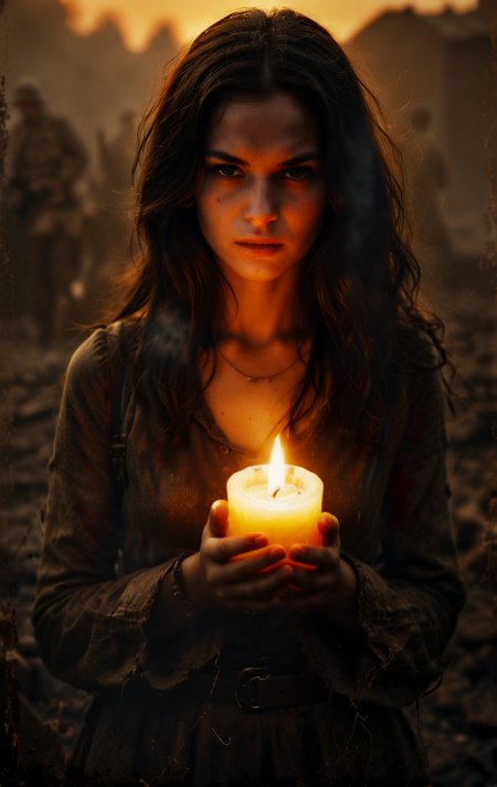 A woman is holding a lit candle in her hands. The candle is orange in color. The woman has long dark hair. The background is dark.,(War Photography:1.4) capturing a raw, emotional moment at sunset. chaos, illuminated by the dimming orange sky. High contrast between the dark, gritty environment and the vibrant, fiery sunset. Contrasting expression with a smirk on her face. Smoke fill the air, adding depth to the scene. Photorealistic style, highlighting the rough, visceral nature of war. (Battle-weary, intense, somber mood:1.2).  (Calotype style:1.4), monochrome, upper body, greyscale
