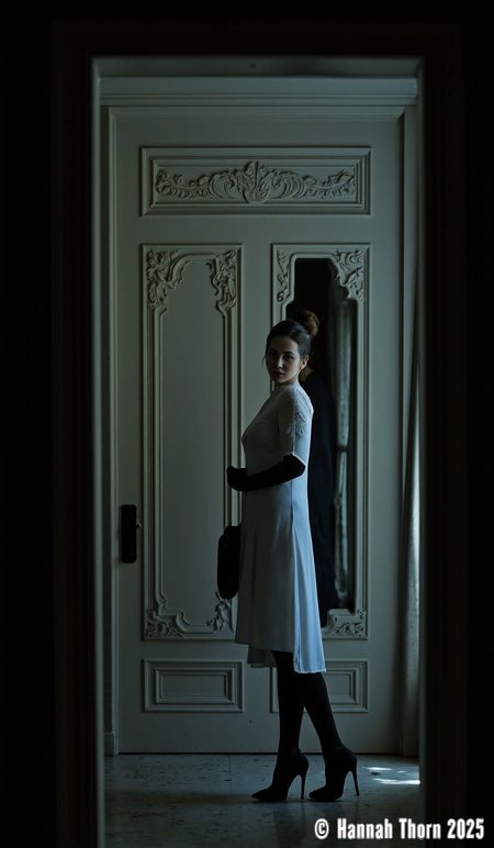 A solitary woman, echoing Hopper's mood, stands with her back to the viewer before an ornate doorway, her bun neat, clad in a non-sheer long-sleeved dress, gloves, tights, and heels, clutching a bag, embodying quiet tension. Cinematic lighting, soft and directional like Gordon Willis, illuminates her form from eye level. A 50mm lens at f/2.8 captures the scene with shallow depth of field, focusing on the bag. Subtle volumetric light and film grain add depth and a classic noir aesthetic. Composed using the rule of thirds, emphasizing her isolation. Post-processed for subtle contrast, a 35mm film photograph quality (in the style of Peter Lindbergh), highly detailed, bokeh. FLUX.1-dev.<lora:_Flux\_Skin_Appearance\detailifier_flux-000006.safetensors:0.8000000000000002:0.8000000000000002>