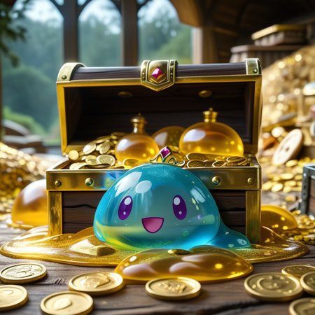 chalice made out of slime, fancy cup made out of slime, fancy chalice made out of slime, Detailed chalice made out of gold slime, Gem-studded slime chalice, multi-colored gems made out of slime, in a room of treasure made out of slime,  gold coins and bars made out of slime, wood-like treasure chest made out of slime, wood-colored slime chest, 
treasure-room, treasure, treasure chest, gemstone, coins, gold bars, gold pile, 
everything made of slime, No simple background,
((translucent slime)), ((transparent slime)), (bioluminescent slime), sl1m3d, slime, ais-blmn, watce, je11y, thickwater, great lighting, ral-lava, even lighting, no bright spots, slime-morph, made of slime,