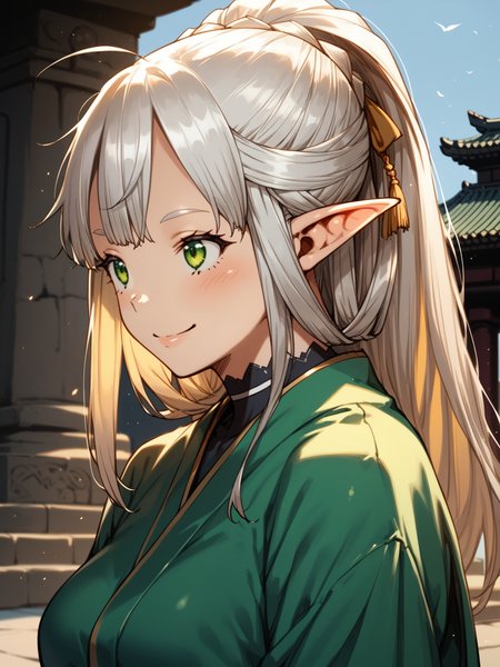 (upper body, solo focus:1.2) <lora:happy_tentacle-himono_elf-v0.1-000024:1>, ht_himono_elf, green eyes, silver hair, large breasts (petite:1.2), <lora:Shed_The_Skin's StS_age_slider_v1_initial_release:-1.2> ( :1.1) ( , , ( :1.2) , smile , (looking at another:1.2) :1.2) , (temple :1.2) ( :0.8) score_9, score_8_up, score_7_up, score_6_up, score_5_up, score_4_up, ( [(realistic, photorealistic:1.3):(realistic:1.2):16] [(3d:1.2)::14] :1) <lora:LUUNA's Lunas-NijiJourney-SDXL-B2:0.35>, nijijourney <lora:prgfrg23's Counterfeit-V3.0 Style SDXL_LoRA_Pony Diffusion V6 XL:0.5> <lora:mfcg's mfcgXL:0.12> <lora:reweik's gyokai(himehajime)_PonyXL_style_v01:0.14>