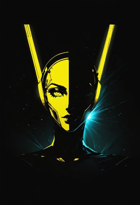 score_9, score_8_up, score_7_up, inksketch, n30nfilm, [[Silhouette Art]], Abstract ,surreal vivid,simple painted, newage (cyborg) spacegirl with long vibrant hair, high collar, seductive, yellow-black ,Light fountain in Outer space, made of lines, vertical lines, horizontal lines, Portrait Made of intertwining lines, weaving over and under each other throughout the frame, emphasis effect, moire effect, awash in yellow and lime shades, seamlessly extends the lines,. Flat style