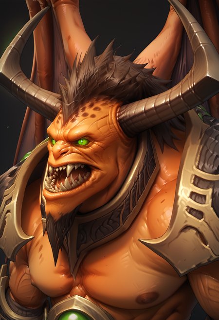 zPDXL3, score_9, score_8_up, score_7_up, (detailed face, detailed body, detailed background, perfect anatomy, masterpiece, high quality, best quality), source_monster BREAK close-up, portrait, doomguard_wow, orange skin, demon wings, sharp teeth, monster, horns, green eyes, glowing eyes, no pupils, open mouth, big pecs, armor, muscular <lora:detailed_notrigger:0.2> <lora:Doomguard_WoW_V1:1>