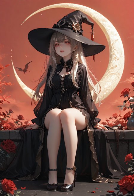 score_9, score_8_up, score_7_up, lvthn, a witch girl, adult, witch hat, fangs, sitting_sideways, full body, red sky, black rose, looking away, clothes with golden embroidery, crescent, <lora:p-skin:1> <lora:sdxl_lightning_8step_lora:1> <lora:LVTHN:1,0,0,0,0,0,0,1,0,0,0,0>