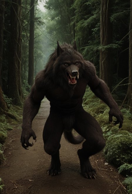 score 9, score 8, score 7, score 6, 1boy, furry male, solo, black fur, animal ears, yellow eyes, sharp teeth, claws, werewolf on down on all paws with tail in the air, (wagging tail, trying to look friendly), forest