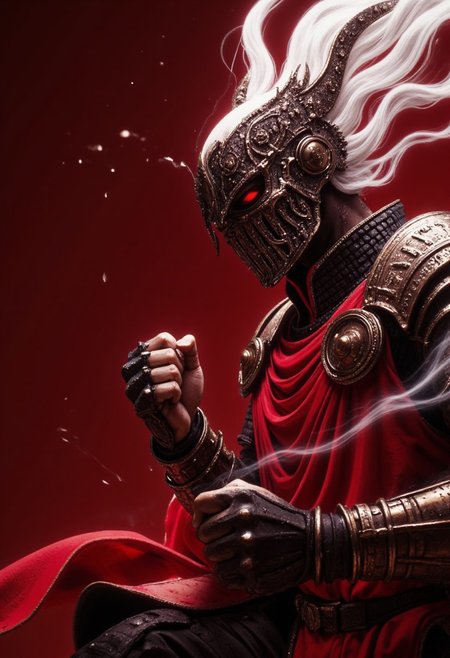 Kneeling action Scene, Fist Up fight stance, Fight stance, Action Pose, action scene, floating particles, high Budget Anime sequence, ethereal wings, S1n0z1ck style, extreme Closeup of an retro art Ninja, flat color two toned in red and white, resembling a mushroom syberian masked intricate designed haitian Warrior in Relief high collar metal armor, cinematic lighting, insane details, hyperrealistic extreme closeup macro photography, 64 megapixel DSLR