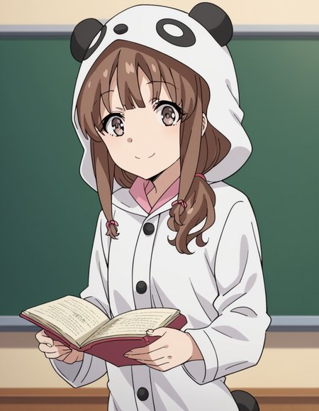 score_9, score_8_up, score_7_up, source_anime, <lora:kaede-azusagawa-s1-ponyxl-lora-nochekaiser:1>, kaede azusagawa, long hair, bangs, brown hair, brown eyes,, animal ears, tail, hood, pajamas, animal hood, animal costume, panda ears,, school uniform, classroom, chalkboard, day time, studying, smile, looking at viewer, solo,, cowboy shot, dutch angle