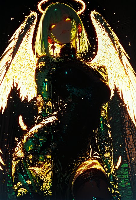 dynamic angle, 1girl, mature female, angel, dynamic pose, looking at viewer, hugging own, shaded face, lace trim, armored dress, pelvic curtain, wide hips, over-kneehighs, glowingconcept, glowing_face_tattoo, glowing_eyes, Smo0thL1nes, floating feather, mechanical wings, mechanical parts, glowing effects, bioluminescent, green theme, orange tone, science fiction, best quality, amazing quality, very aesthetic, absurdres, newest, high contrast, clear color, beautiful shadow, beautiful light, cinematic light, cinematic shadow, bokeh, glare, (overexposed:1.2), high exposure, washed out colors, (subsurface scattering:1.2), golden hour, sunset lighting, warm golden light,  <lora:Glowing_tattoo_concept:0.7> <lora:iLLMythSmo0thL1nes:0.9>
