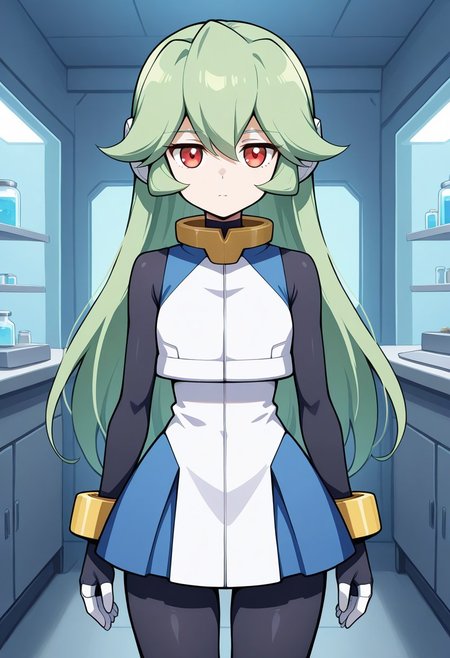 1girl, solo, pandorazxa, reploidform, green hair, long hair, red eyes, robot ears, crop top, dress, sleeveless, bodysuit, bracelet, anklets, cowboy shot, indoors, laboratory, standing, straight on, expressionless,