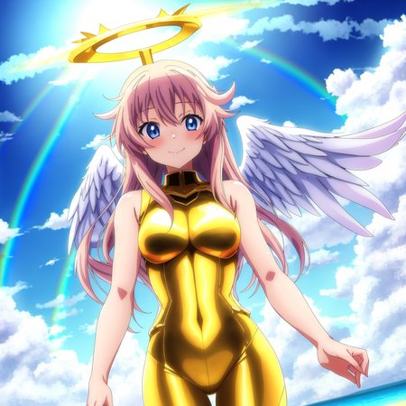 1girl, (anime), angel, in the sky, cloud,  sunlight, star, light, flash, wearing golden armor, halo, angel wings, rainbow