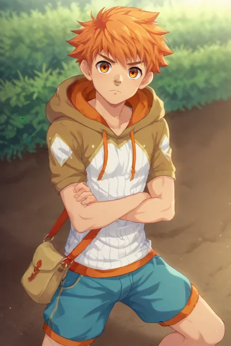 score_9, score_8_up, score_7_up, , rating_safe, intricate details, anime screencap, anime coloring, , looking at viewer, depth of field, 1boy, solo, male focus, <lora:jirou_camp_buddy_pony:0.9>, jirou_camp_buddy, orange hair, orange eyes, , , male Young adult Sleek, Native Hawaiian, Hazel eyes, Curved Nose, Double Chin, Pointed Jaw, Prominent Forehead, Diamond face shape, , Denim Blue Faux hawk hair, Envy, wearing Track shorts with mesh panels, Flannel hoodie, , Chef's hat, Nose Ring and andSling Bag, Arms crossed tightly, suggesting defensiveness or discomfort, <lora:sdxl_lightning_8step_lora:1>