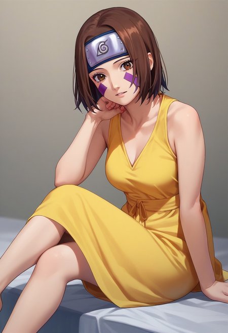 score_9, score_8_up, score_7_up, source_anime, 1woman, 35 years old, grown up, mature, slim, beautiful, nohara rin, short hair, brown hair, brown eyes, purple facial mark, forehead protector, yellow sundress, sitting,   <lora:Nohara Rin 1 rep-000010:1>