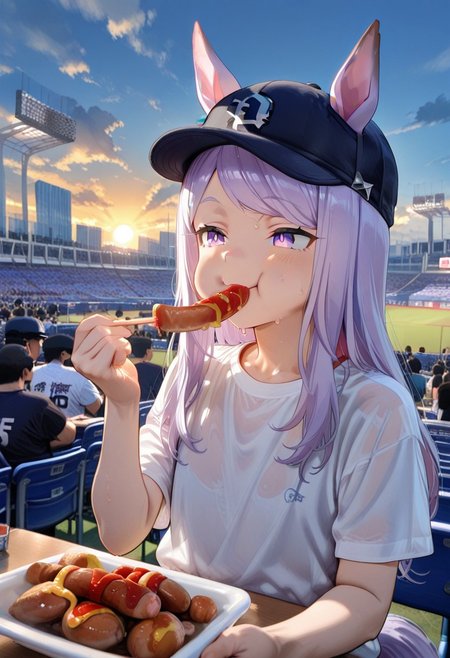 score_9,score_8_up,score_7_up,source_anime,anime coloring,  masterpiece,best quality,amazing quality,1girl,solo,
sweat,look away,,shiny skin, 
jingu stadium,outfield seats, stands, baseballfield, scenery, outdoors, audience, crowd, people, multiple boys, multiple girls, day, sunset, night, cloud, cloudy sky, sky, building, city, cityscape, skyscraper, sign, sun, blue sky, seats,
food, winnaamori, eating, eating winnaamori, holding, disposable plate, meat, bambooskewer, add ketchup and mustard,
t-shirt,(happy,smile),Puffy Cheeks,Baseball cap,
mejiro mcqueen\(umamusume\), (horse ears),, horse tail, flat chest,