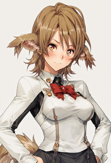 score_9, score_8_up, score_7_up, score_6_up, score_5_up, score_4_up, BREAK,  <lora:cmarket0826-sdxl-000028:1>, noa riads, 1girl, solo, breasts, blush, smile, short hair, simple background, brown hair, long sleeves, fluffy tail, ahoge, animal ears, dog ears, medium breasts,  swept bangs
shiny skin, school uniform, red bowtie, white shirt, black skirt, hands on hips, frown, blush, looking at viewer,
upper body, Eye focus
Artist Style: Urushihara Satoshi