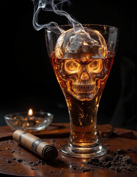 This is a highly detailed, digitally rendered image that combines elements of a traditional still life with a macabre twist. The central focus is a glass brandy snifter filled with amber liquid, likely brandy, which is positioned on a polished wooden surface. The snifter is slightly tilted, with the liquid casting a warm glow on the wood. The snifter is transparent, allowing a clear view of the liquid inside, but the glass is also magically transparent, revealing a human skull with a sinister smile and a hooded figure draped over it. The skull and hooded figure are illuminated by a soft, golden light, enhancing their eerie presence. 
To the left of the snifter, a lit cigar rests on a small glass ashtray, adding a touch of sophistication and indulgence to the scene. Wisps of smoke curl upward from the cigar, creating a sense of movement and adding to the overall mysterious atmosphere. The background is entirely black, making the objects in the foreground stand out vividly. The textures of the glass, the wood, and the liquid are meticulously detailed, giving a realistic and polished look to the image. The overall style is a blend of realism and fantasy, creating a haunting, yet elegant composition., <lora:aidmaMJ6.1:0.6>, aidmaMJ6.1, <lora:aidmaImageUpgrader:0.6>, aidmaimageupgrader, <lora:Magic of Art  2  (FLUX):0.8>, Beauty, High quality, Chiaroscuro, ultra quality, ultra detailed, intricate details, 8k