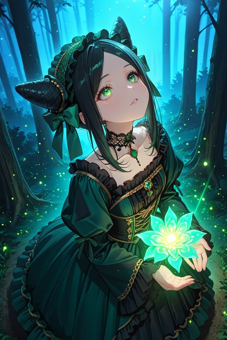 masterpiece, best quality, good quality, very aesthetic, absurdres, newest,
1girl, solo,
 <lora:SieglindeSullivanIllustriousV1:1> sieglindesullivan, black hair, parted bangs, sidelocks, cone hair bun, green eyes, frilled hairband, hair bow, green bow, frilled dress, dark green dress, choker,
forest, moonlight, floating hair, looking up, from above, glowing flowers, 
lens flare, dutch angle, light rays,
<lora:Bright_style:0.3> Bright_illu,sparkle,too many light particles, <lora:XXX477:0.5> xxx667_illu, glowing, (glitch:0.5) <lora:MoriiMee_Gothic_Niji_Style_Illustrious_r1:0.3> artist:moriimee