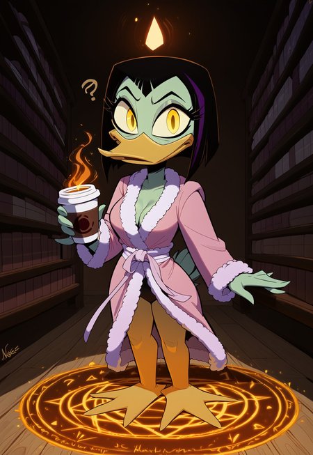 safe_pos, zPDXL3, score_9, score_8_up, score_7_up, Expressiveh, volumetric lighting, dynamic pose, dynamic angle, detailed background, library, fantasy, backlighting, looking at viewer, full body picture, (solo girl), magica de spell, female, anthro, duck, beak, ducktales, black hair, scut tail, green skin, yellow eyes, eye bags, eyeliner, orange legs, webbed feet, (((pink bathrobe, 
holding cup of coffee))), shortstack, cute, medium breasts, (summon, magic circle, glowing magic circle), emerging from summoning circle, swirling magic,,confused facial expression, confused, glowing, ??,?,???, highly detailed, cleavage,
