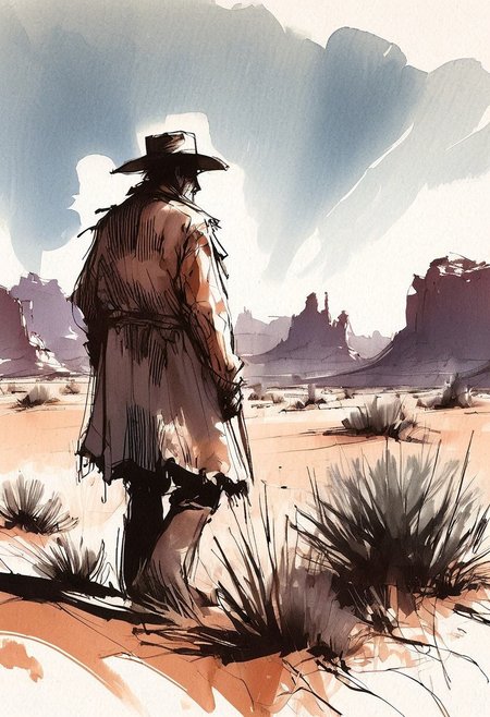 inksketch,
 an old cowboy in a duster standing alone in the desert,