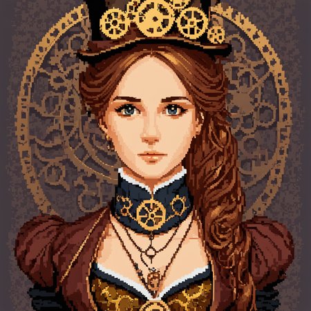pixel-art pixelartlora, 1girl, solo, portrait . low-res, blocky, pixel art style, 8-bit graphics, pixelartlora, 1girl, solo, portrait,Steampunk Fantasy Portrait,Victorian attire, intricate gears, brass elements, detailed textures