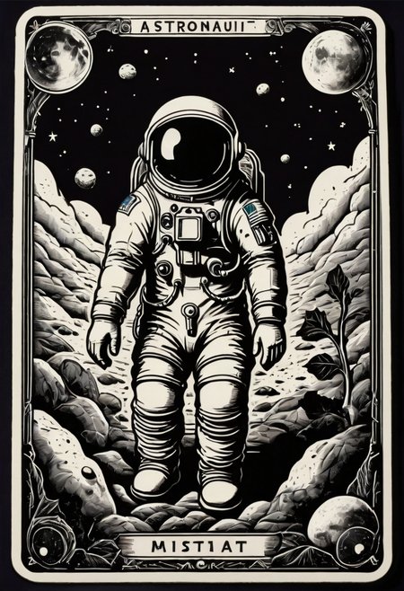 tarot_card, Astronaut, front perspective, flat, frame,( square:1.1), (white outline:1.2)  <lora:tarot_card:1>
